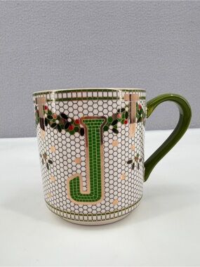 Anthropologie Festive Bistro Tile Monogram "J" Ceramic Holiday Christmas Cup Mug
